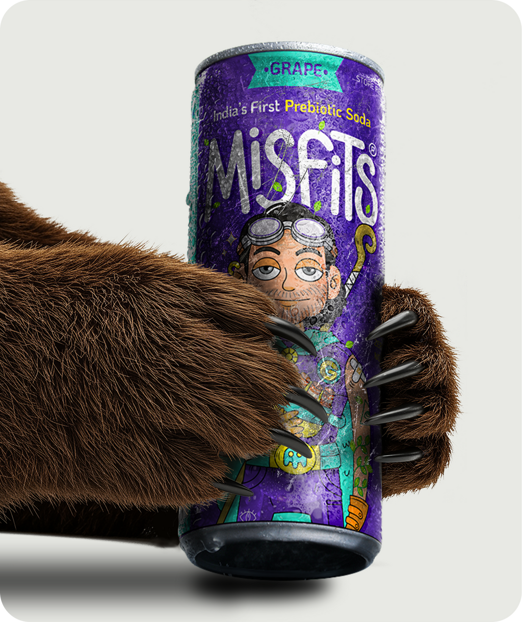 Can of MisFits grape flavor with a cartoon character on a white background