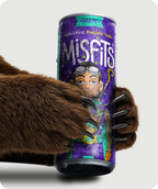 Can of MisFits grape flavor with a cartoon character on a white background