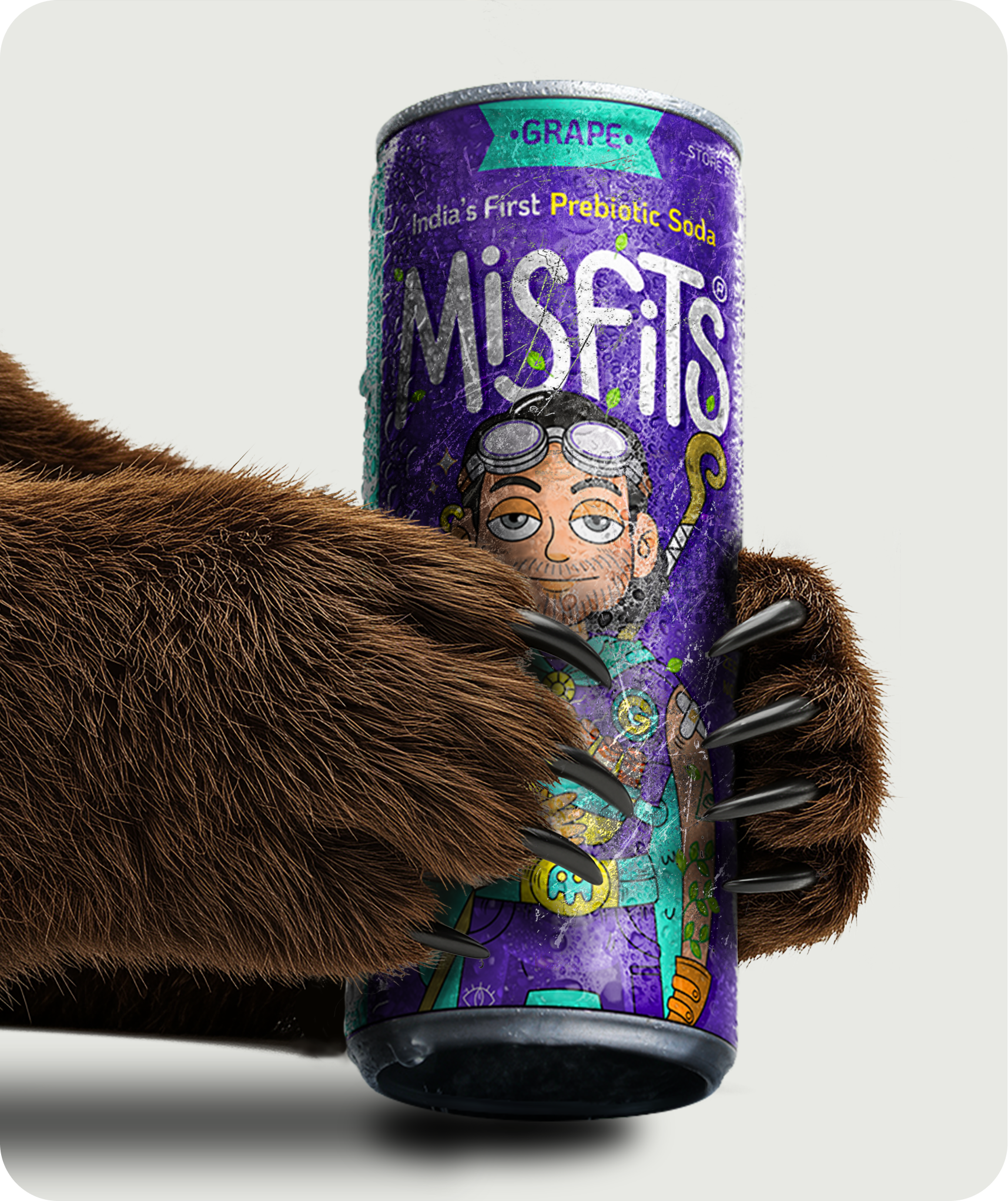 Can of MisFits grape flavor with a cartoon character on a white background